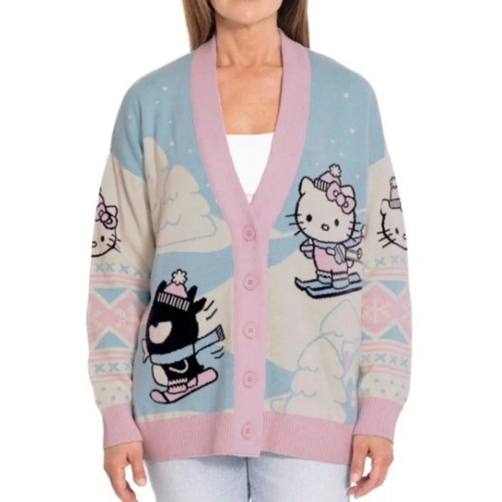 Hello‎ Kitty Ski Fair Isle Knit Cardigan Sweater Blue Pink Women XXL New - Picture 4 of 10